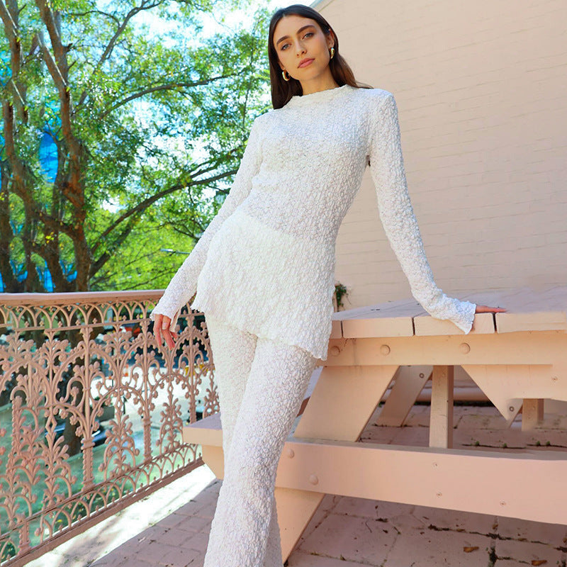 Solid Color Round Neck Long Sleeve Top High Waist Pants Suit