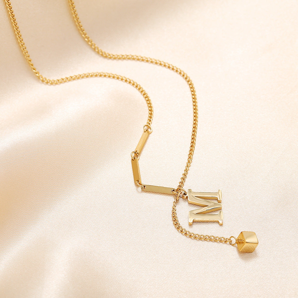 Simple M Shaped Small Square Pendant Necklace Womens Titanium Steel