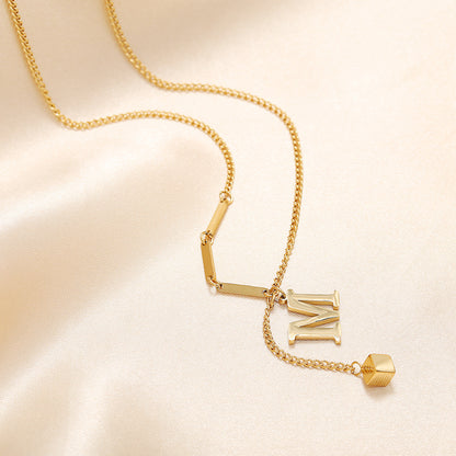 Simple M Shaped Small Square Pendant Necklace Womens Titanium Steel