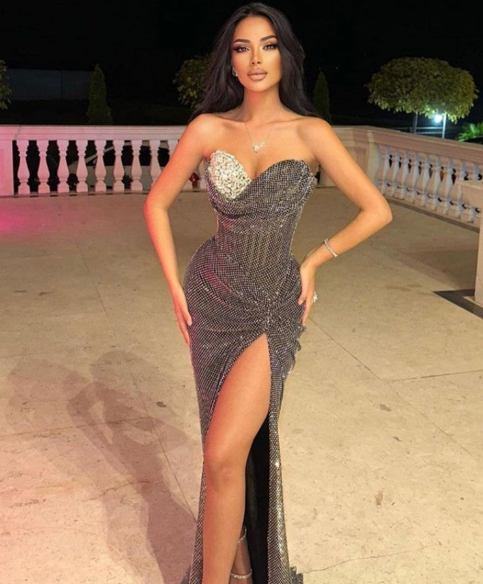 Tube Top Bright Sequin Mesh Rhinestone Handmade Fishbone Slim Dress