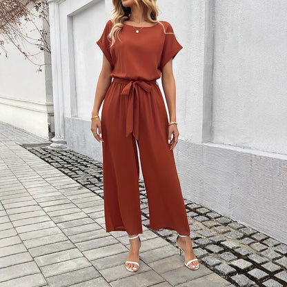 Women's Fashion Solid Color With Belt Round Neck Jumpsuit