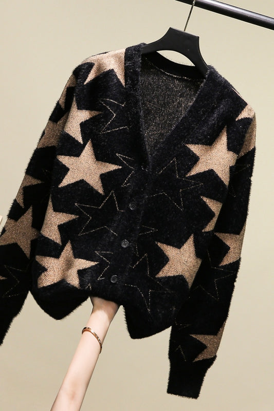 Knitted Cardigan Women's Short Small Five-pointed Star Sweater Mink Velvet