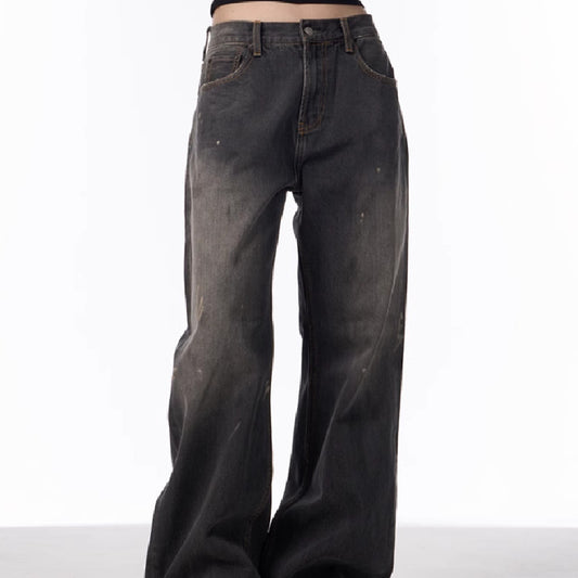 Retro Washed Splash-ink Straight Jeans For Women Loose Straight Trousers