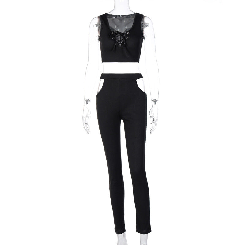 Ladies Collar Off Shoulder Vest Cutout Trousers Suit