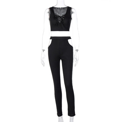 Ladies Collar Off Shoulder Vest Cutout Trousers Suit