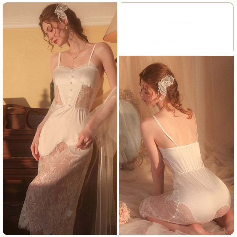 Long Lace Suspender Nightdress Lace Up Women's Home Clothes Suit