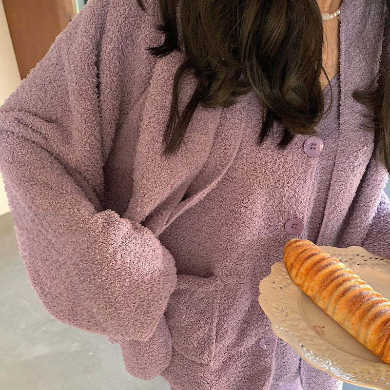 Ladies Thickened Fleece Warm Homewear Pajamas Set