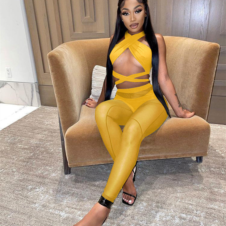 Women's Hollow Halter Cross Mesh Panel Three Piece Set