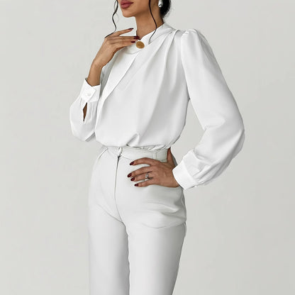 Women's Elegant And Simple Commuting Metal Buckle Long Sleeved Solid Color Design Shirt