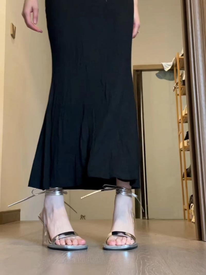 Niche Design Silver High Heels Transparent Stiletto Heel Roman Strap Elegant Sandals