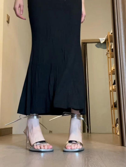 Niche Design Silver High Heels Transparent Stiletto Heel Roman Strap Elegant Sandals