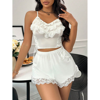 Europe And America Cross Border Ladies' Homewear Solid Color Sexy Lace Lace Spaghetti-strap Summer Sexy Sleepwear Shorts Two-piece Set
