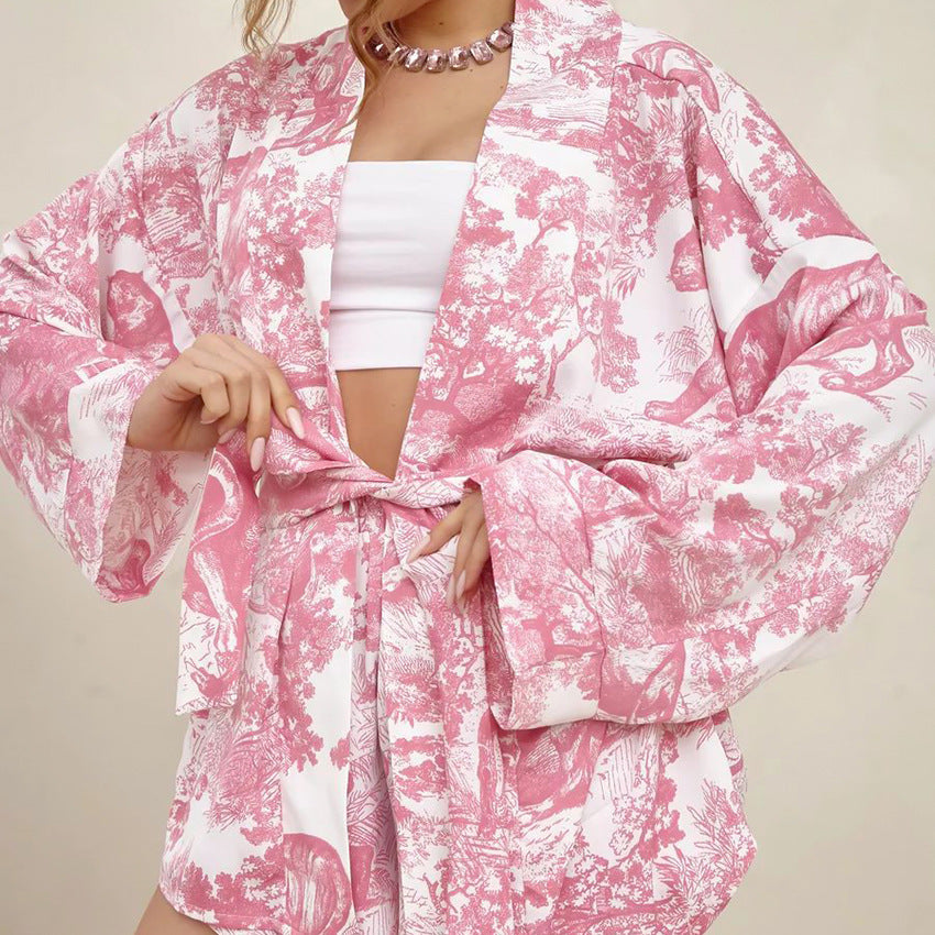 Comfortable Blue Soft Printed Long Sleeve Shorts Pajamas Suit