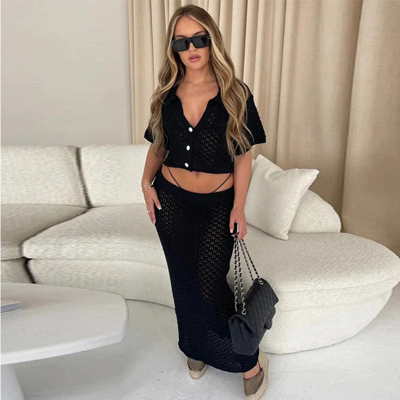 Women's Hollow Short Sleeve Beach Knitting Suit