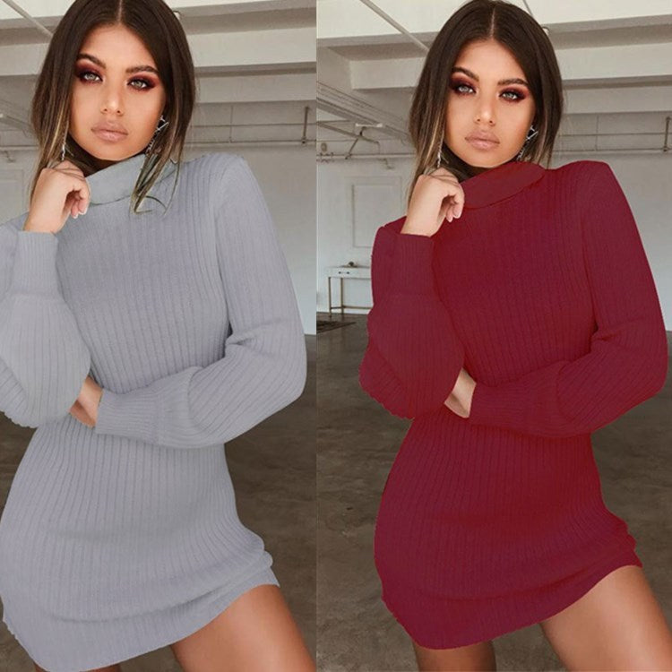 Long sleeve ribbed solid color casual dress