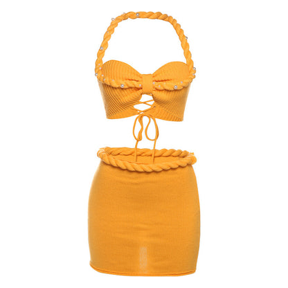 Women's Sexy Halter Tied Spaghetti-strap Vest Knitted Slim Fit Skirt Suit