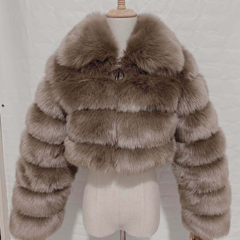 Lapel Imitation Fox Fur Long Sleeve Stitching Women's Light Luxury