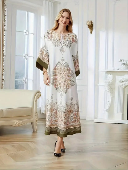 Elegant Floral Print Long Sleeve Abaya Dress