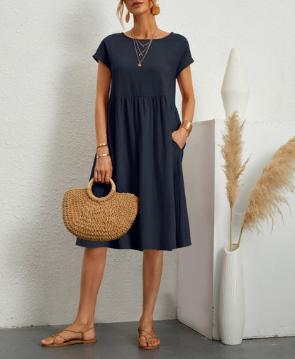 Summer OL Style Women's Solid Color Cotton Round Neck A-line Skirt Mid Length Dress
