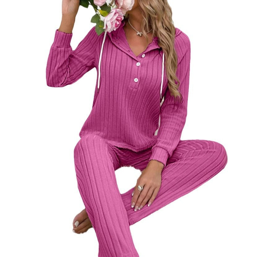 Fashion Sunken Stripe Brushed Long Sleeve Hooded Suits Women