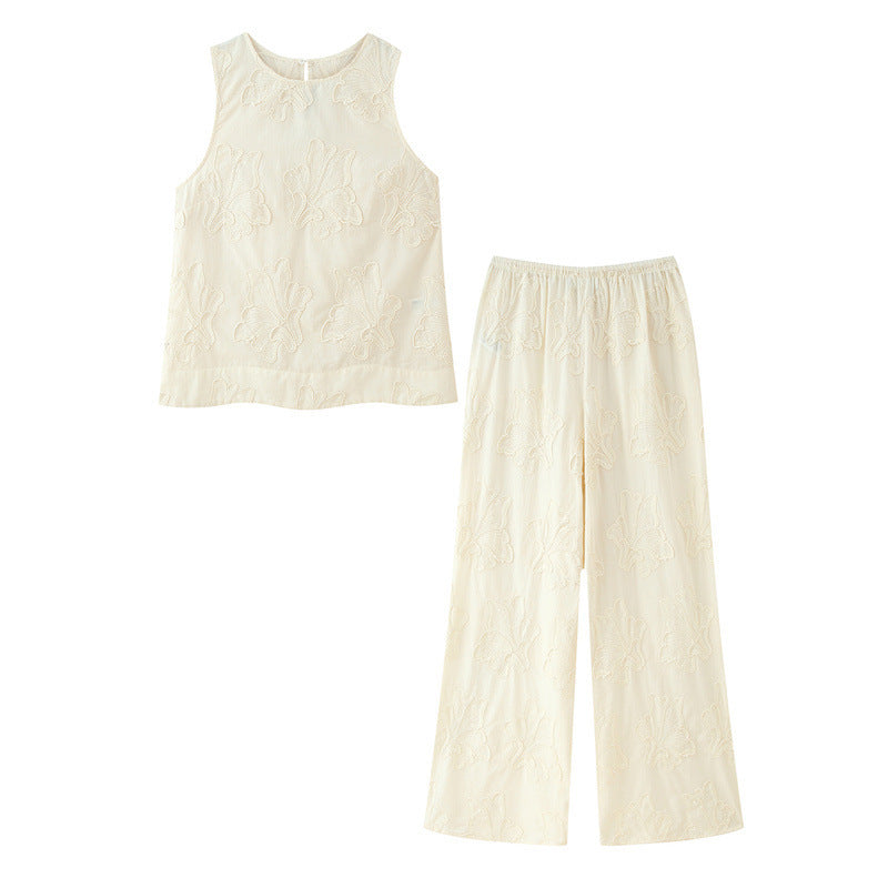 Embroidered Pajamas Style Top Pants Suit