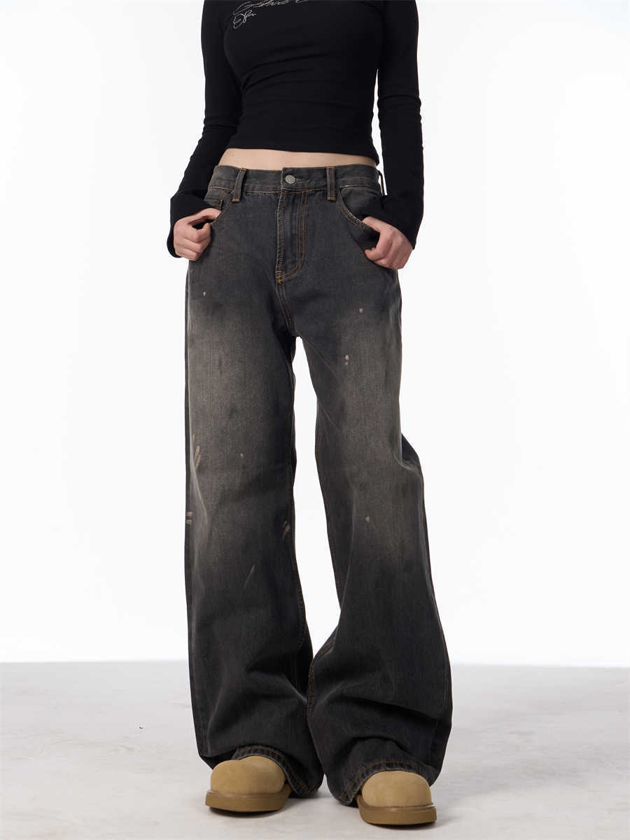 Retro Washed Splash-ink Straight Jeans For Women Loose Straight Trousers