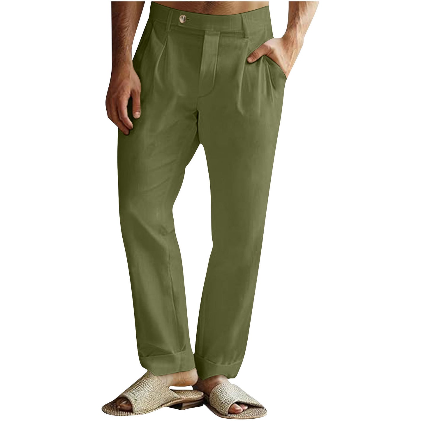 Men's Casual Cotton Linen Pants Pleated Elastic Waist Pants