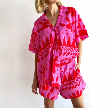 Fashion Casual All-matching Printed Cardigan Shirt Collar Suit Women