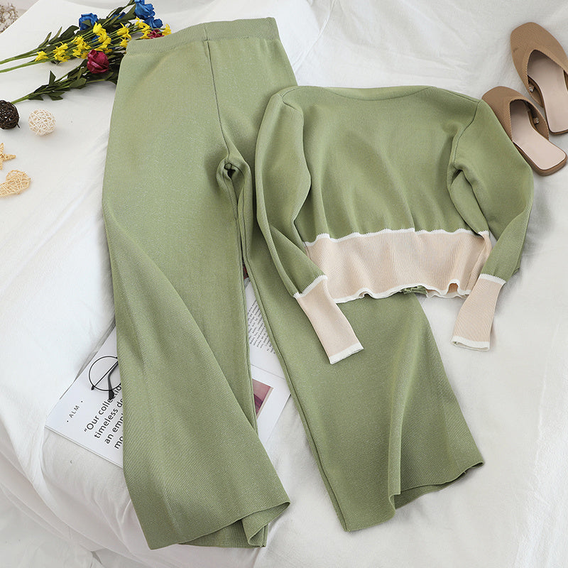 V-neck Cardigan Wide-leg Pants Sweater Set