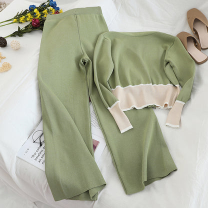 V-neck Cardigan Wide-leg Pants Sweater Set