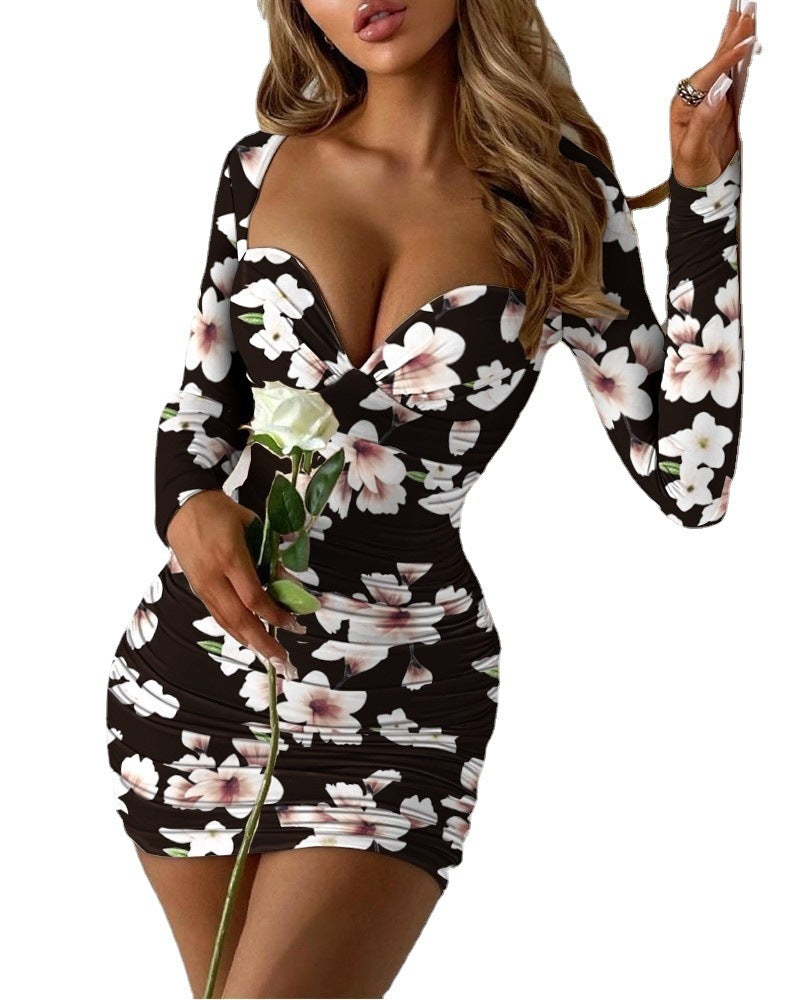 Long-sleeved Square Neck Sexy Low-cut Slim-fit Buttocks Printed Dress