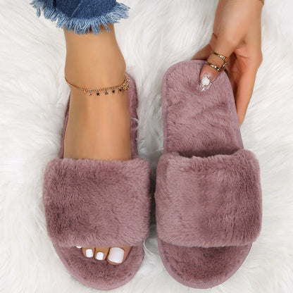 Fluffy Women's Indoor Lazy Plush Slippers Flat Cotton Slippers