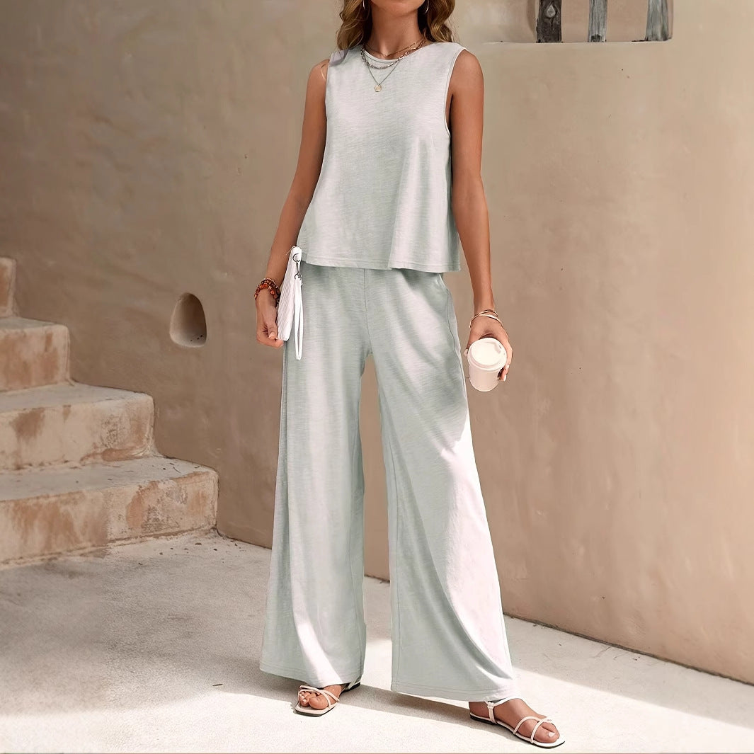Women's Solid Color Vest Top And Casual Wide Leg Pants Two-piece Set