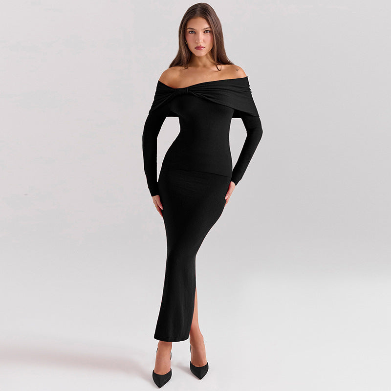 Women's Off-shoulder Collar Long Sleeve Off-shoulder Split Dress