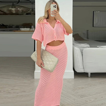 Women's Hollow Short Sleeve Beach Knitting Suit