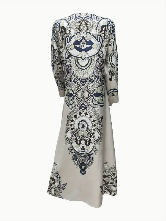 Elegant Floral Print Long Sleeve Abaya Dress