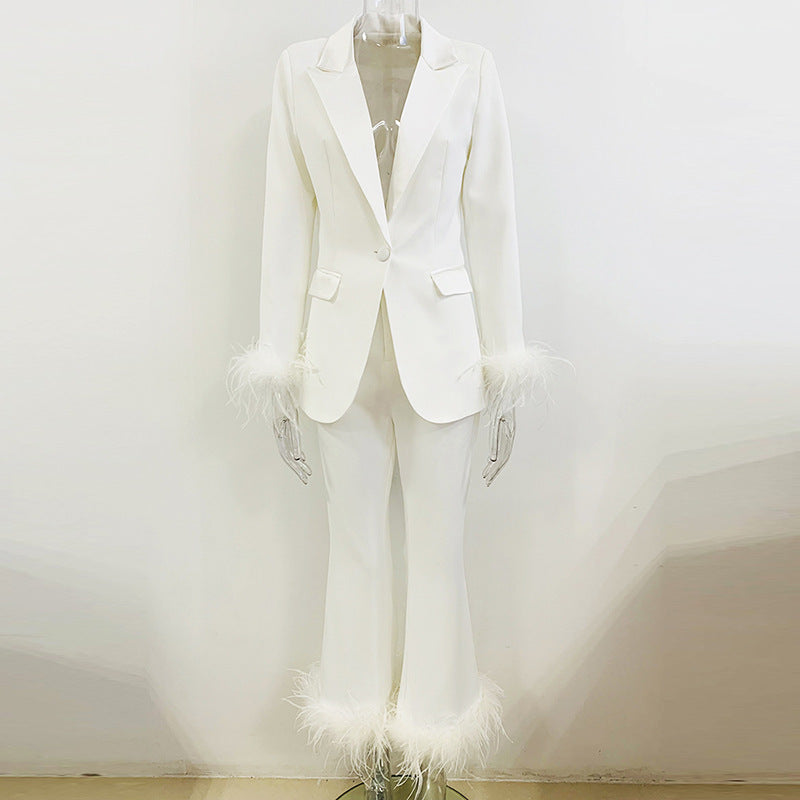 True Feathers Ostrich Fur Blazer Cropped Pants Set Two-piece Suit