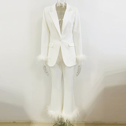 True Feathers Ostrich Fur Blazer Cropped Pants Set Two-piece Suit