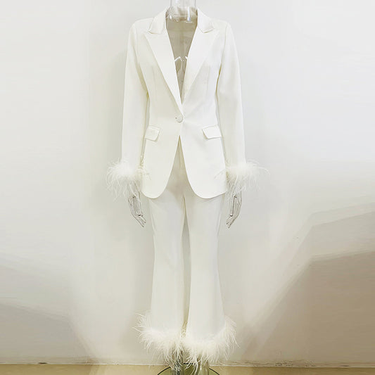 True Feathers Ostrich Fur Blazer Cropped Pants Set Two-piece Suit