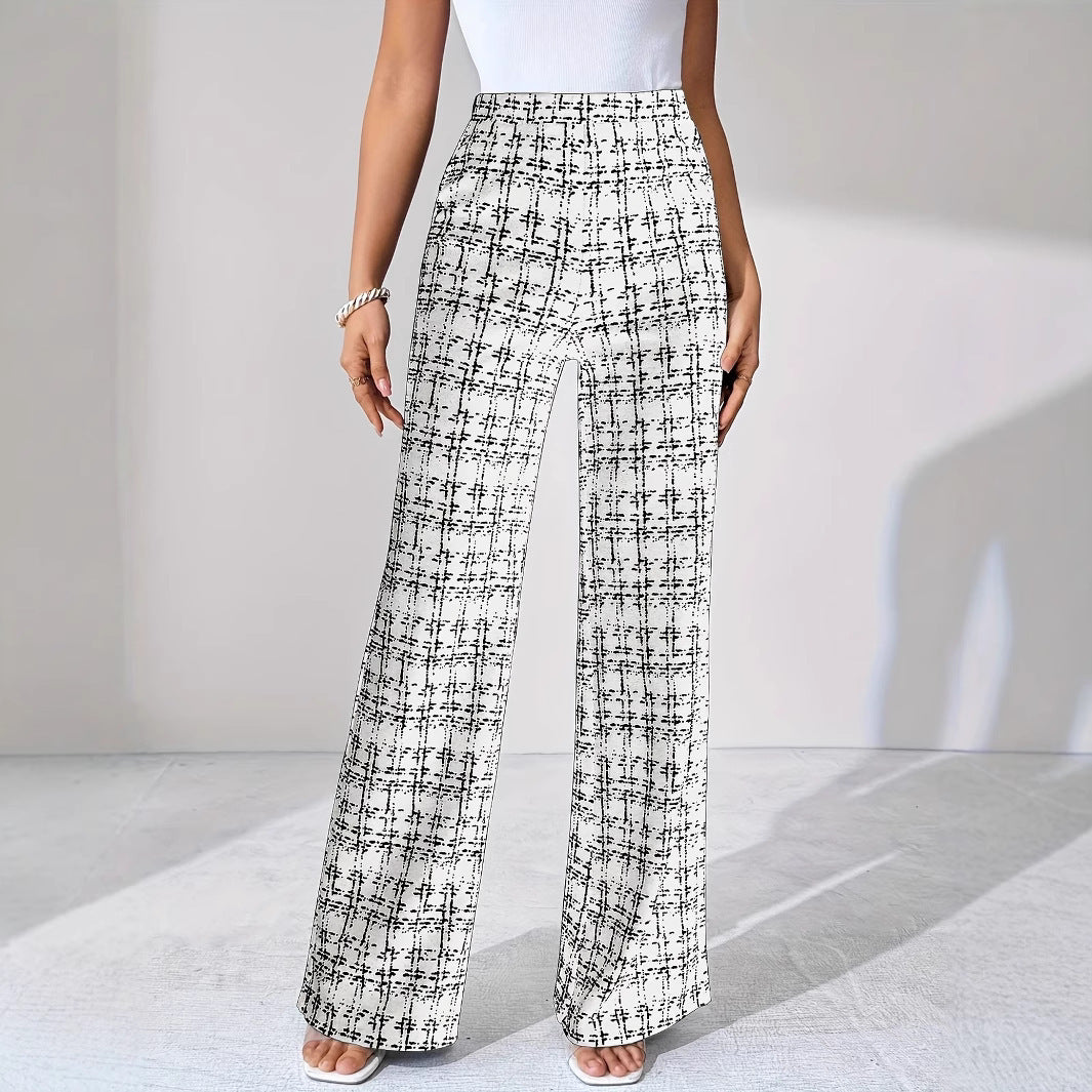 Woven Plaid High Waist Straight Women's Pants