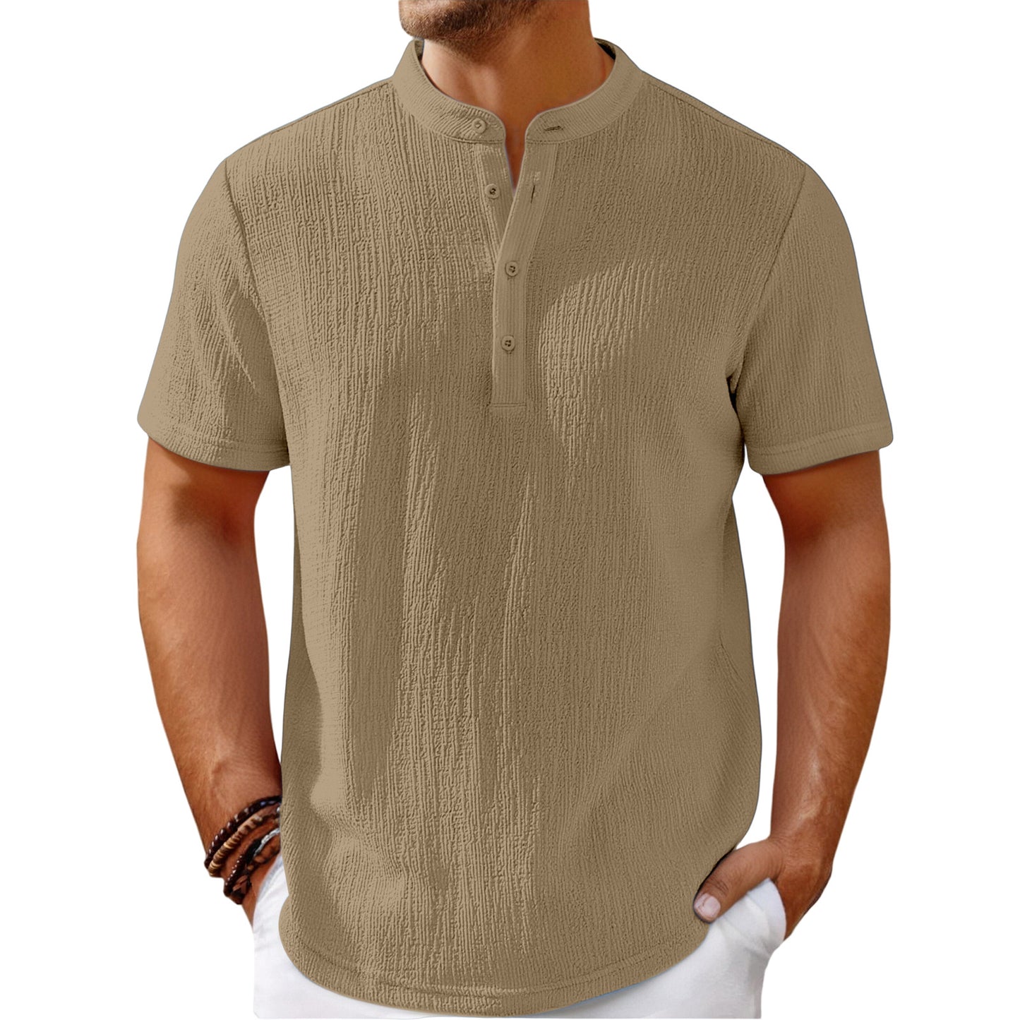 Men's Retro Cotton And Linen Stripes Henley Shirt Casual Loose Shirt