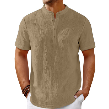 Men's Retro Cotton And Linen Stripes Henley Shirt Casual Loose Shirt