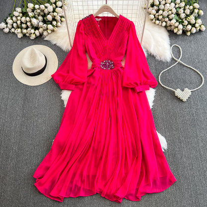Seaside Holiday Waist Slimming A- Line Chiffon Pleated Dress Elegant Large Swing Dress
