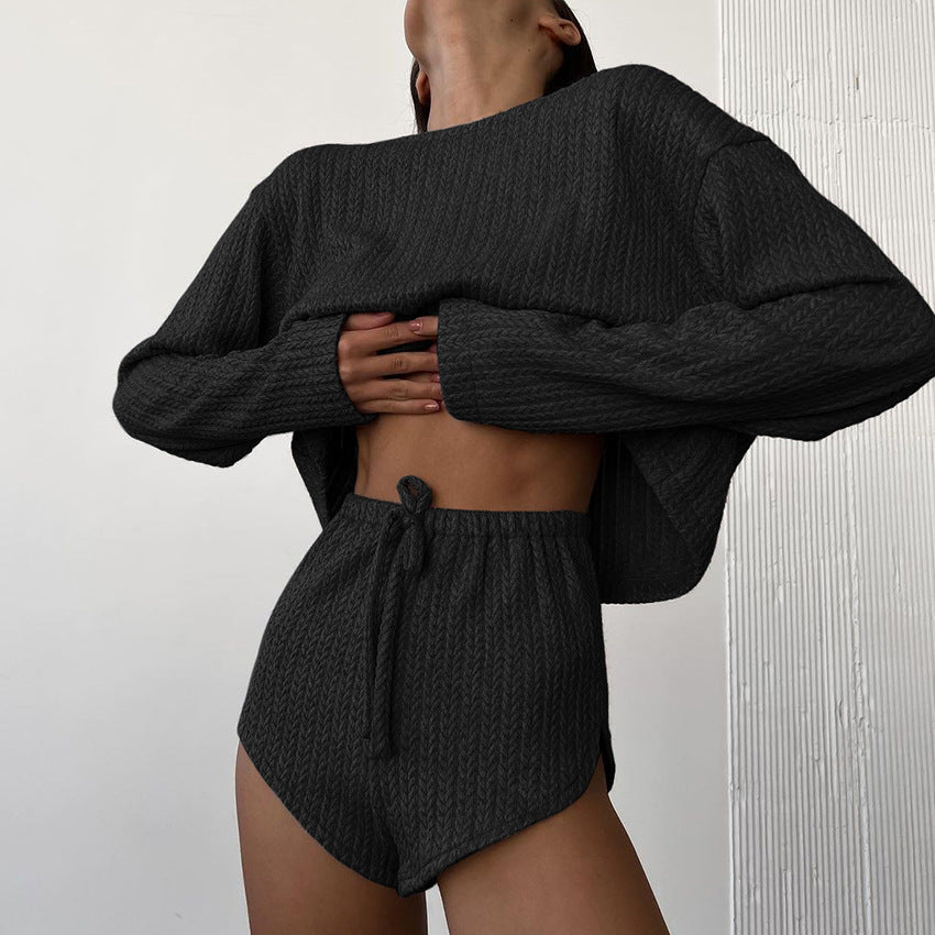 Polyester Women's Summer Long Sleeve Shorts Pajamas Suit