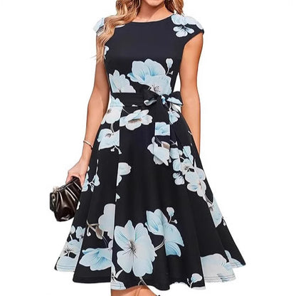Summer Round Neck Sleeve Waist Belt Slim Print Sleeveless Swing Dress