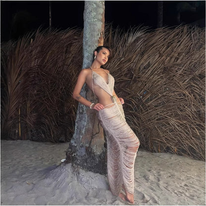 Spring And Summer Shell Tassel Halter Strap Sexy Dress