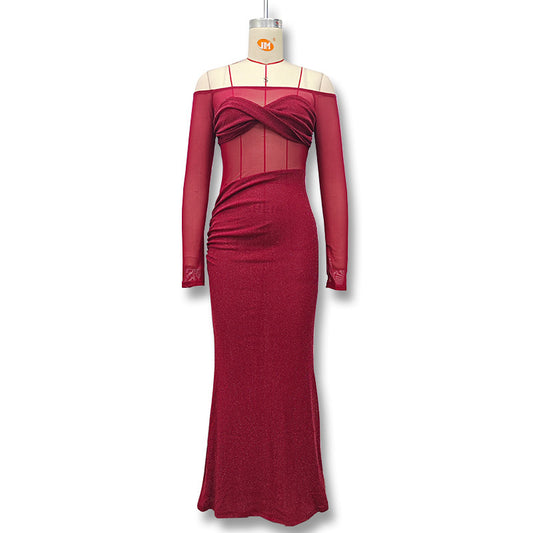 New Sexy Shiny Off-shoulder Slim-fit See-through Mesh Dress