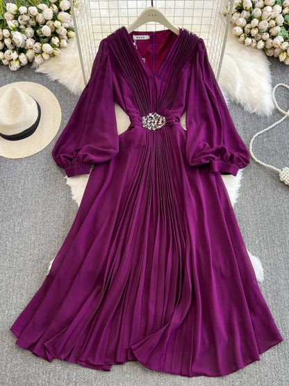 Seaside Holiday Waist Slimming A- Line Chiffon Pleated Dress Elegant Large Swing Dress