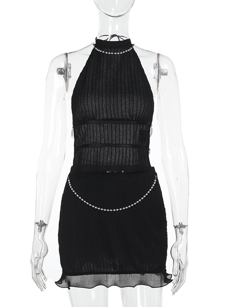 Summer Sexy Pearl Chain Halter Backless Top Mid-length Dress Set
