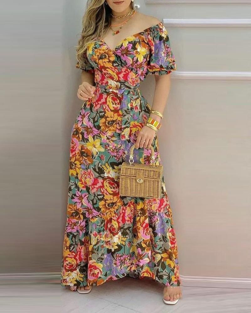 Short Sleeve Printed V-neck Waist-controlled Lace-up Dress